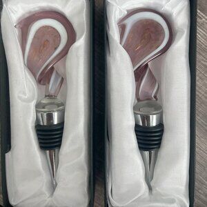 Two Murano Glass Wine Stoppers 5 Inch, Pink, White and Clear